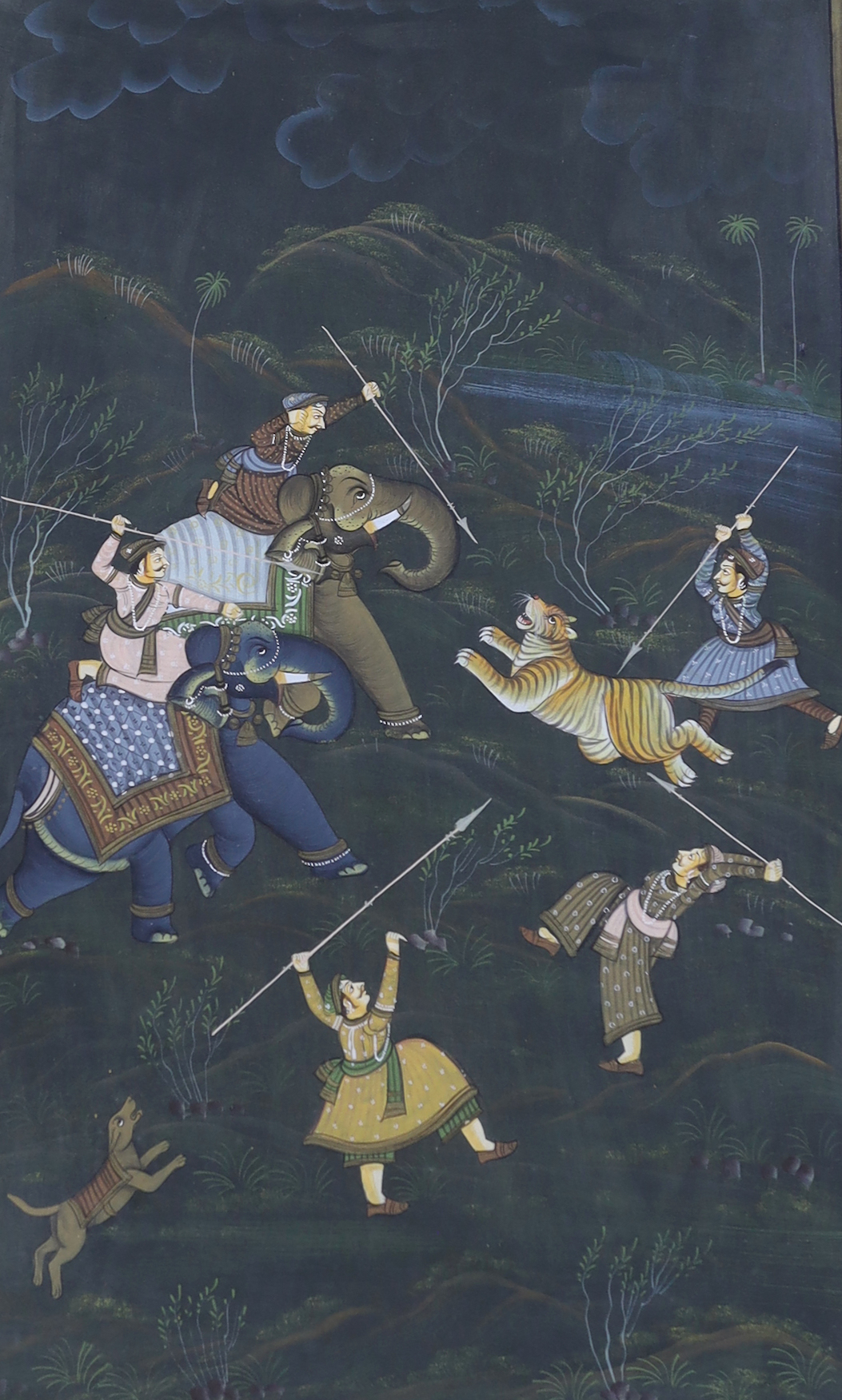 Indian or Persian School, mixed media on fabric, Warriors and tiger, 69 x 45cm